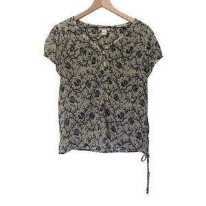 Lucky Brand Medium Floral Blouse Lightweight Bottom Tie Short Sleeve Semi Sheer